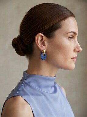 Vintage Blue Lapis Lazuli Interchangeable Gold Door Knocker Dangle Earrings NOS